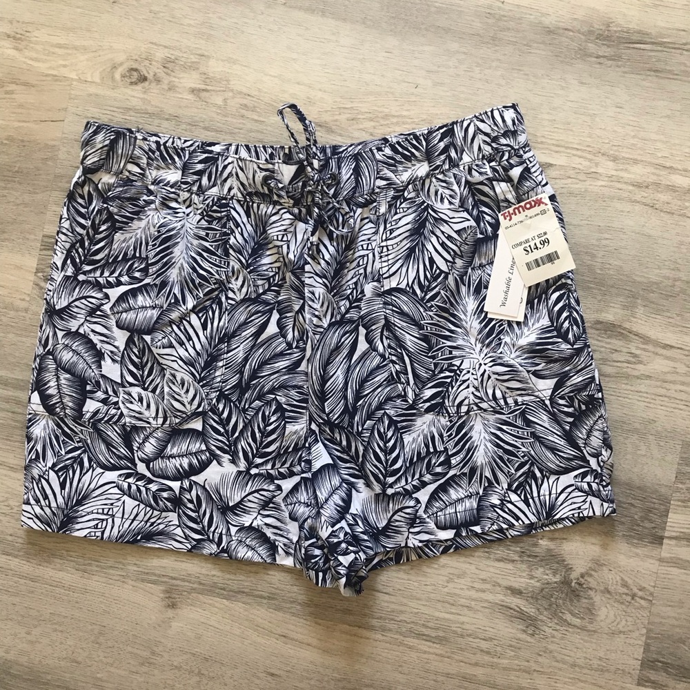 Land ‘N Sea NWT Shorts Navy Blue & White Tropical Print Size Medium Linen Blend